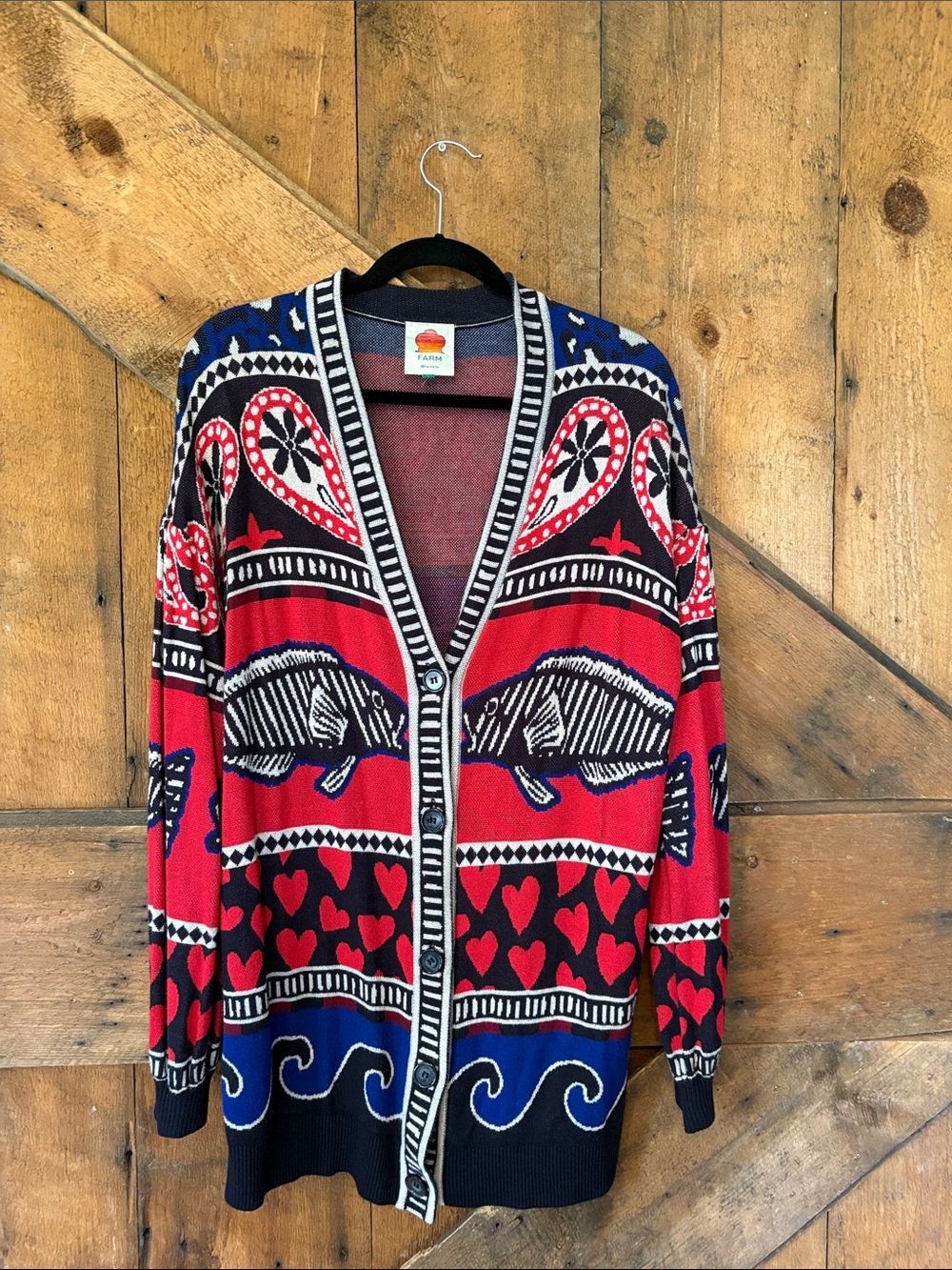 FARM Rio Red Black Blue Patterned Cardigan